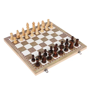 Дървена шахматна игра 3 в 1 Пулове за Табла Комплект за шах Дървени фигури Сгъваема дъската Пулове за игра