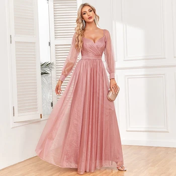 Ново елегантна вечерна рокля с дълги ръкави и яка-часова, Блестящ тюл, Розови рокли на шаферките трапецовидна форма за сватбени партита