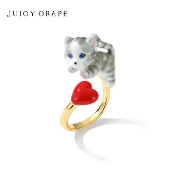 Пръстени Juicy Grape Котка За жени, Кубични Регулируеми пръстени за котки, бижута с емайл ръчно изработени, със златно покритие 18 карата, Безплатна доставка