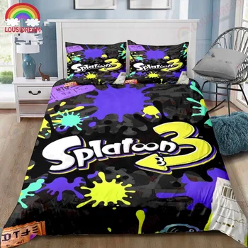 Комплект спално бельо Splatoon от 3 теми за геймъри, чаршаф King Twin, детски комплект спално бельо от микрофибър или полиестер, пухени
