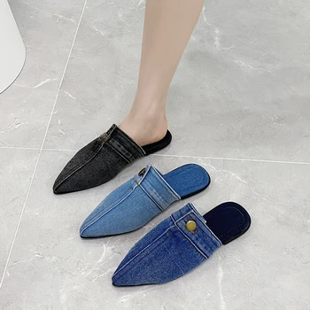 Дизайнерски дамски обувки 2023, Сини дънкови чехли, Пикантен дамски чехли с остри пръсти, модерни улични джапанки със затворени пръсти, класически мюли