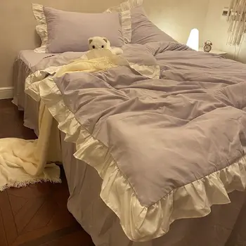 Лейси чаршаф с волани, комплект от четири части, однотонное стеганое одеяло в стил принцеса, покривки за обща легла, комплект от три части