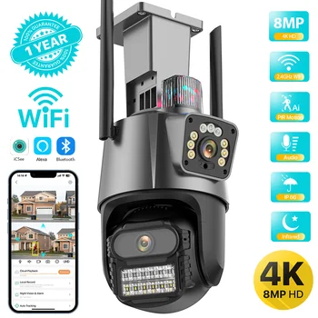 Външна Wifi PTZ Камера 4K 8MP HD С две Лещи, Двухэкранная Помещение AI Auto Tracking 4MP Видеонаблюдение Полицейска Светлинна Аларма iCSee