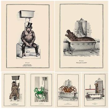 Забавно стенно изкуство с животни в банята, Сюрреалистичная готическа живопис върху платно Мечка И Орангутан в тоалетната, Художествен плакат и принт за домашен декор