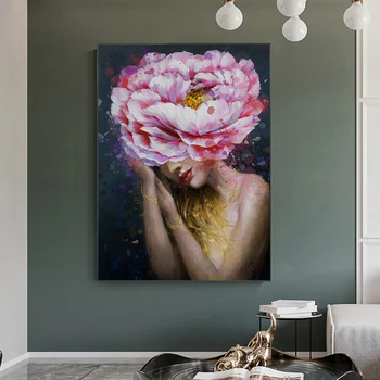 Цветя, пера, жена, Абстрактна живопис върху платно, монтиран на стената художествен плакат, модерна живопис, Декоративна живопис, Декорация за дома в хола