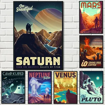 Реколта Космическа Планета Туризъм Сатурн от Титан/Венера Горещи Извори/Изкачване на Плутон Плакат Платно за Боядисване на Стенни Художествени Картини Начало Декор