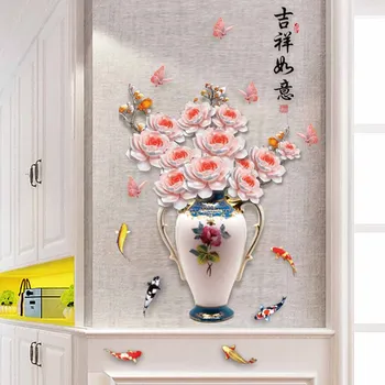3D тапети Ваза Стикери за стена, PVC Интериор в китайски стил Стени Големи етикети Дневна Спалня Декорация на дома, Украса на стаята с ръце
