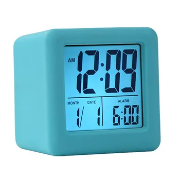 Син LCD-будилник, Мека Cube Smart Light със защита от удари, силиконов Защитен будилник с функция за повторение, начало декор, digital alarm clock