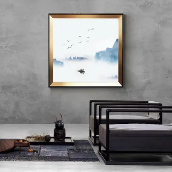 3шт Абстрактно монтиране на изкуството на Китайската Традиционна планинска вода Лодка Мъгла Плакат Природа Печат върху платно, Стенни картини за хол