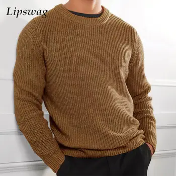 Пролетта мъжки пуловер с дълъг ръкав 2024, обикновена ежедневни блузи с кръгло деколте, мъжки дрехи, трикотаж, Модерен Свободен пуловер за мъже