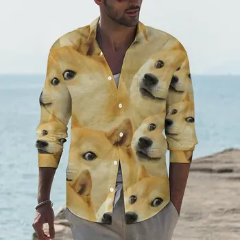 Ежедневна риза Meme Y2K, мъжка риза Doge Shiba Inu, пролетни ретро-блузи с дълъг ръкав, графична облекло оверсайз