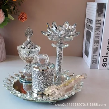 Луксозен комплект арабски курильниц тамян 5 в 1 от кристал 2023 г., Кандило Eli с диамант ястие, арабски начало декор за подаръци на Рамадан