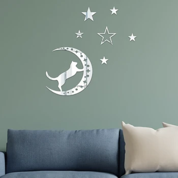 Котка луна звезди акрилна самозалепващи стенни паста разтегателен фон легло спалня декорация на стени, декорация на дома, естетичен интериор на стаята