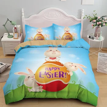 Пухени Happy Easter Egg Rabbit King Queen, комплект спално бельо с сладък Заек, комплект спално бельо за домашни любимци, калъф за одеала от полиестер