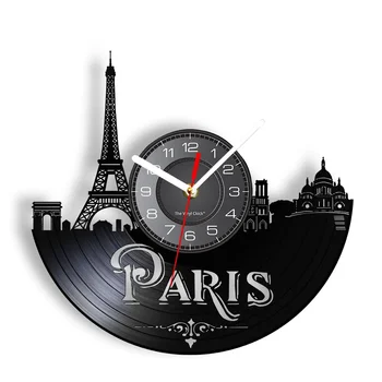 Парижките реколта стенни часовници за всекидневна Френски начало декор Ретро Vinyl плоча Стенни часовници Франция Емблематична сграда Безшумни часовници