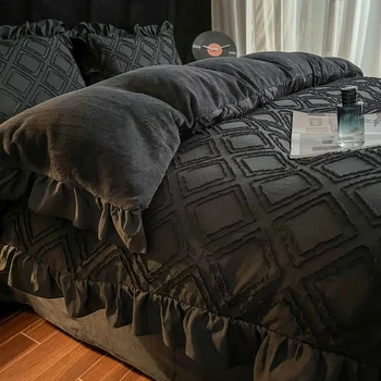 Зимата е Мек Топъл velvet Black комплект спално бельо, подаръчен комплект спално бельо от висококачествен руно, Пухкави завивки от изкуствена кожа с къдри