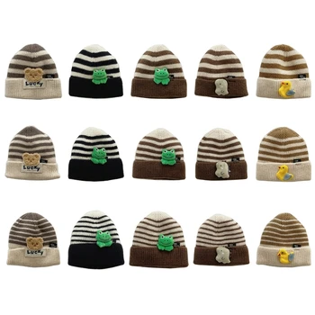 Стилна детска шапка 77HD, есенно-зимна шапка за деца, дишащи вязаная шапка в райе с шарките на анимационни животни