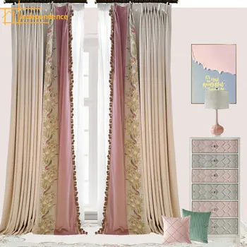 Нов европейски стил розова принцеса стилна бродерия мозайка пердета за хола, Завесите за дневна трапезария спалня