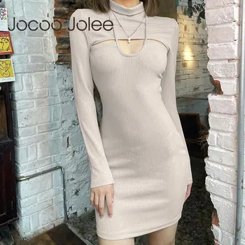 Жената есен вязаное рокля Jocoo Jolee с дълъг ръкав, винтажное рокля-пуловер в стил харадзюку, сексуална дебнещ мини рокля с отвори за клубната парти