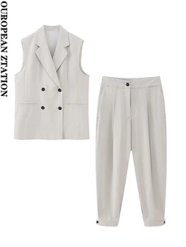 Дамска мода с пайети 2023, жилетка с пресичащи предните прорезными джобове или панталони сок от моркови, като намали с висока талия, комплекти-двойки mujer