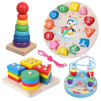 Дървени играчки Монтесори за деца, играчки за сортиране и подреждане на дървени, колан за момичета и момчета, Цвят, форма, играчки за ранно развитие за деца
