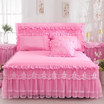 Най-добрата лейси пола за легло на 1 обект + Калъфки за възглавници от 2 теми - Комплект спално бельо принцеса -Покривки за легло с Размер King/Queen за момичета