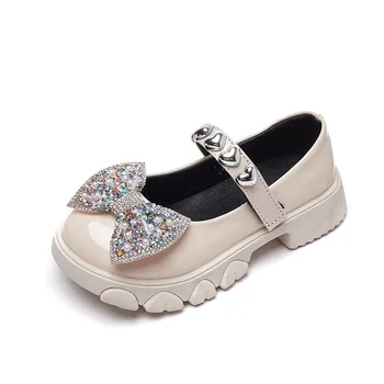 2023 Есен, Нови обувки от изкуствена кожа с пайети и перли, мода вечерни обувки на принцесата в стила на Британския колеж с мека подметка