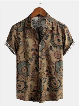 Разпродажба 2023 Мъжките блузи от полиестер с къс ръкав, летни реколта ризи с кафяв принтом и отложным яка, всекидневни плажен стил, Азиатски размер