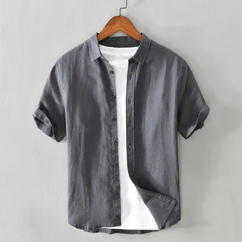 Лято 2023 Дишаща мъжки памучен бельо риза с къс ръкав, блузи с отложным яка, однобортная блуза, облекла в стил ретро