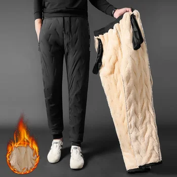 Памучни панталони мъжки зимни Изолирана мъжки панталони с подплата от овча козина Стотици мъжки ветрозащитных пуховых памучни панталони голям размер
