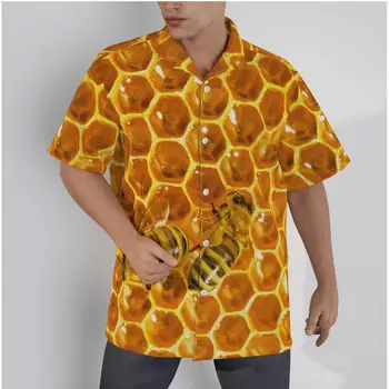 Мъжки хавайски жълта риза Креативна забавна плажна медоносная пчела с къс ръкав, летни ежедневни блузи копчета в стил мозайка, 3D ризи