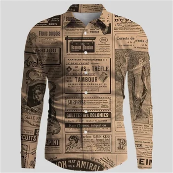 Мъжка риза с дълъг ръкав, есенна ежедневната мъжка риза с вестникарска 3D-печат, мъжки ежедневни риза с копчета за партита