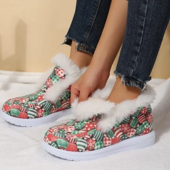 Зимни, Коледни и зимни обувки, Дамски ежедневни плюшени обувки голям размер на равна подметка с мека подметка, памучни обувки с кръгло бомбе Botas De Invierno Mujer